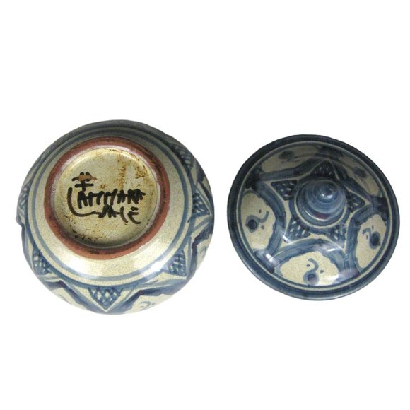 Jewelry Trinket Box Vanity Jar Lidded Signed Hand Painted Terra-cotta Blue 4 in - Picture 4 of 5